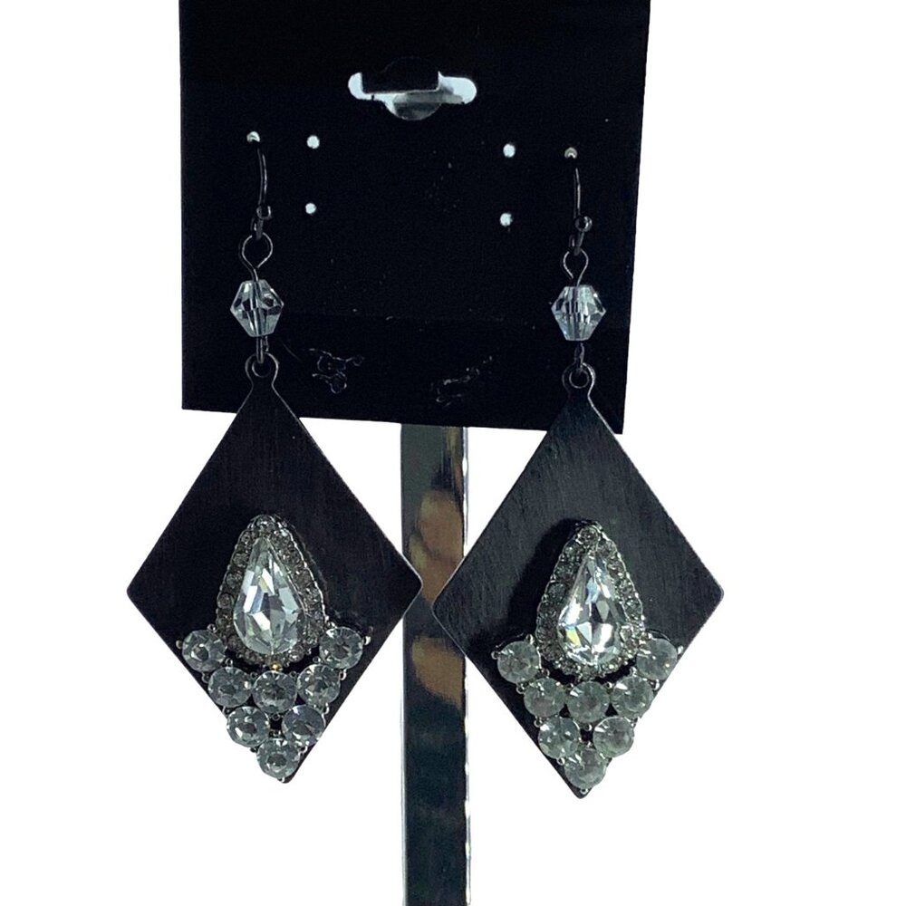 Dangling Rhinestone‎ Diamond Shape Earrings Black Metal Formal Fashion Glam 2.5"